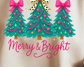 Merry and Bright PNG, Coquette Christmas Tree Clipart, Preppy Holiday Sublimation Design, Girly Merry Christmas Digital Download