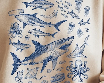 Retro Ocean Animal PNG – Shark, Fish, and Octopus Clipart, Vintage Beacg Wildlife Sublimation, Nature Coastal Digital Download for Shirts