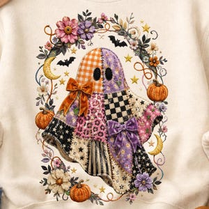 Patchwork Floral Ghost PNG, Checkered Boho Fall Shirt Design, Retro Preppy Halloween Sublimation Digital Download File for Boutique Tees