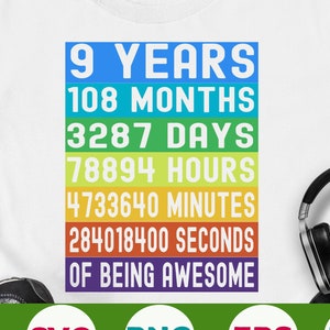 9 Ans 108 Mois svg 9e Anniversaire svg 9 ans svg anniversaire garçon fille 9 svg eps png cricut couper le fichier téléchargement numérique