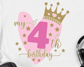 May include: A pink heart with a gold crown on top and the text "my 4th birthday" inside. The heart is surrounded by gold stars.