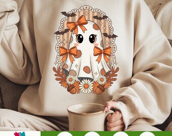 Cute Ghost PNG – Girly Halloween Sublimation with Bows and Flowers, Spooky Season Fall Clipart, Digital Download for Shirts and Gifts