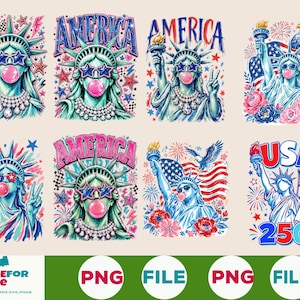 Preppy Frihetsgudinnan Bubblegum PNG-paket, Girly Patriotic 4 juli USA Clipart, Retro America Freedom Shirt Design Sublimeringsfil