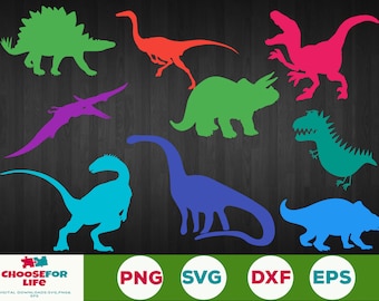 May include: A set of ten colorful dinosaur silhouette cut files. The dinosaurs are in various poses and include a stegosaurus, pterodactyl, triceratops, velociraptor, and more.