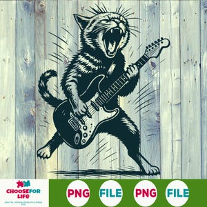 Chat jouant de la guitare rock PNG, clipart drôle de chat rockstar, fichier de sublimation de musique Meme, téléchargement numérique pour chemises, cadeaux et décoration murale