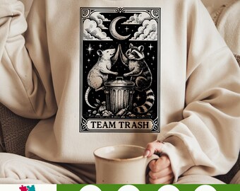 Team Trash Tarot Card PNG – Vintage Raccoon Opossum Clipart, Crescent Moon Digital Download, Mystical Trash Animal Sublimation Design