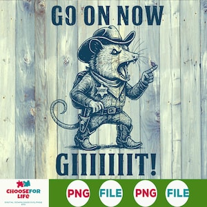 Może przedstawiać: Cyfrowa ilustracja szczura ubranego jako szeryf, w kapeluszu kowbojskim i butach, z napisem "GO ON NOW GIIIIIIIT!" na drewnianym tle. Szczur wskazuje prawym palcem wskazującym.