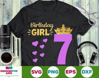7th Birthday Girl Svg, seventh Birthday SVG, Birthday Princess Svg, Cut File Cricut and Silhouette, Birthday Girl Svg 7 Number With Crown