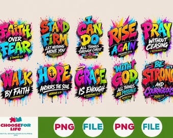 Christian Graffiti PNG Bundle, Colorful Bible Verse Faith Quotes, Retro Christian Shirt Sublimation Digital Download Designs for Tees