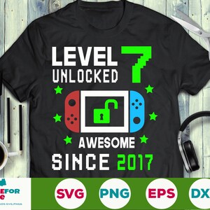 Niveau 7 Débloqué SVG 7e anniversaire Garçon Gamer 7 ans Ordinateur Contrôleur de jeu vidéo Joystick pour enfant Png eps svg Cricut Silhouette