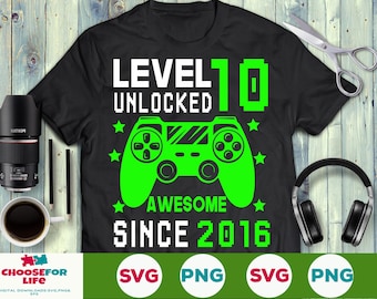 Level 10 Unlocked svg 10th birthday Boy Gamer 10 years Old Video Game Controller Joystick for kid Png eps svg Cricut Silhouette
