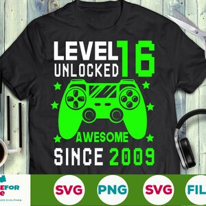 Level 16 entsperrt SVG 16. Geburtstag Junge Gamer 16 Jahre alt Computer Videospiel Controller Joypad für Kind Png eps svg Cricut Silhouette