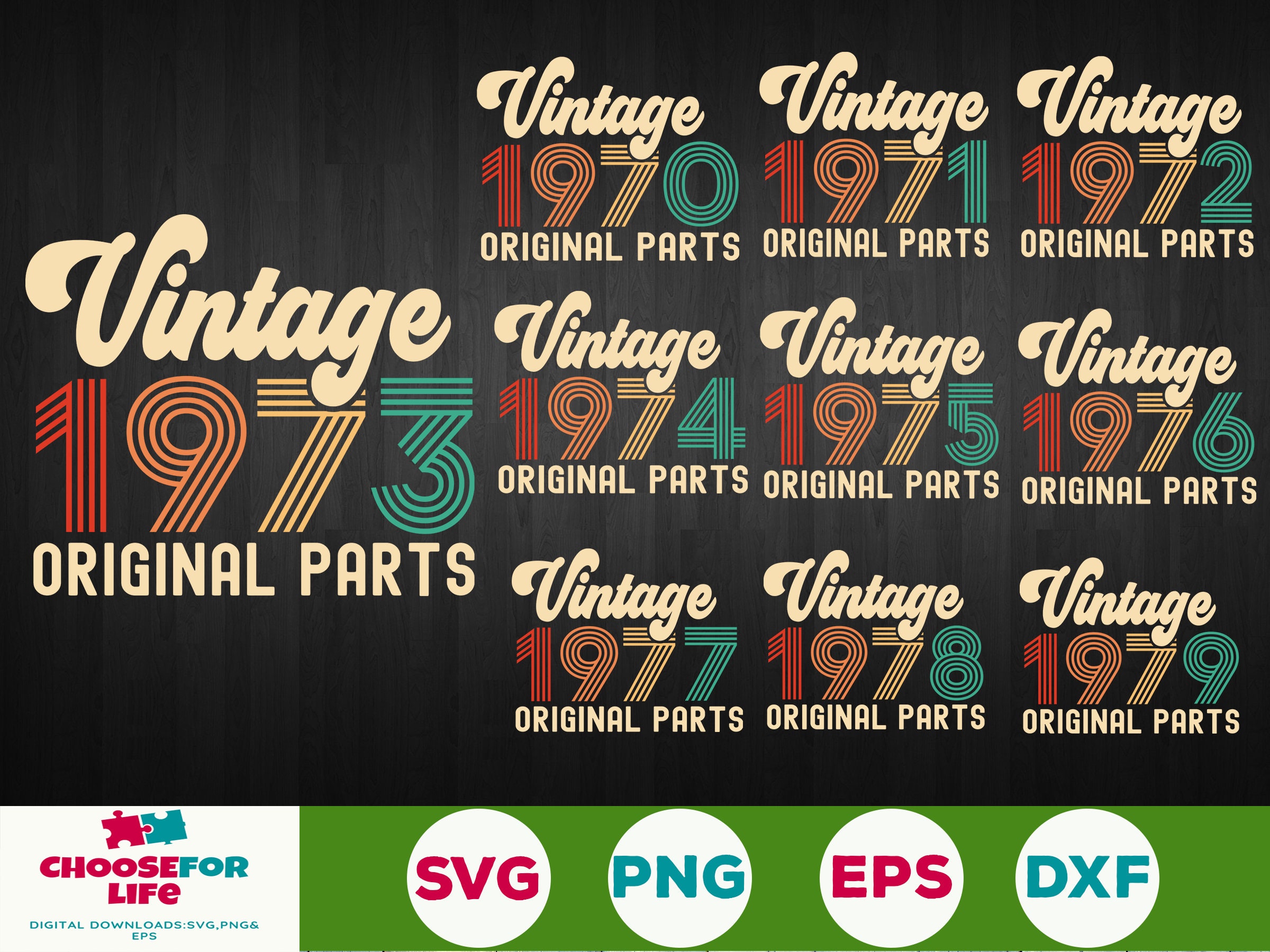 Vintage Birthday Svg Bundle 1970-1979, Birthday svg, 44-53 years old svg, Vintage 1973 original parts svg bundle, png Digital files prints