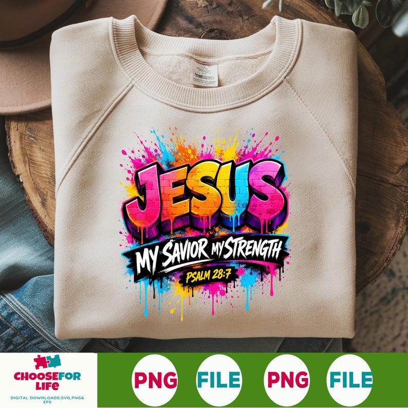 May include: A beige crewneck sweatshirt featuring a vibrant, multi-colored graffiti-style graphic that reads JESUS MY SAVIOR MY STRENGTH PSALM 28:7. The design includes bright paint splatters in pink, blue, yellow, and orange surrounding the text.