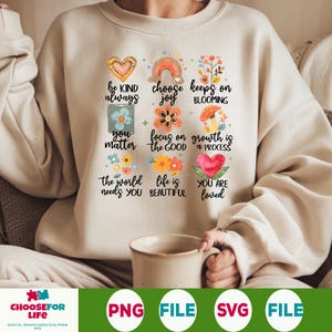 Positive Doodle Floral PNG With Rainbow And Affirmations, Inspirational Mental Health Sublimation, Boho Flowers Clipart, Digital Download