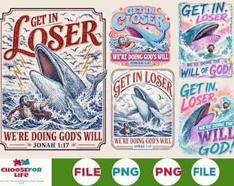 Get In Loser We’re Doing God’s Will PNG Bundle, Jonah And The Whale Design, Bible Verse PNG, Funny Retro Christian Shirt Design