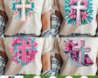 Easter Cross With Florals PNG, Christian Easter Clipart, Spring Floral Christian PNG, Preppy Easter Clipart For Crafts, Religious Easter Art