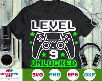 Nivel 9 Desbloqueado svg Cumpleaños Boy Gamer svg 9th Birthday Video Game 9 años de edad niño Controlador Joystick Cricut Silueta svg svg png