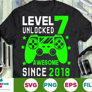 Niveau 7 ontgrendeld svg 7e verjaardag jongen gamer 7 jaar oude videogamecontroller joystick voor kind Png eps svg Cricut silhouet