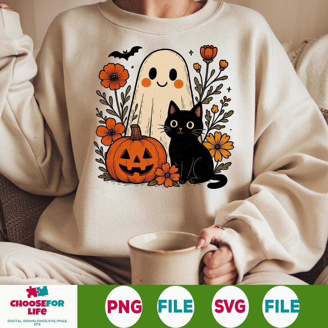 Cute Halloween Ghost and Cat PNG – Retro Spooky Floral Clipart, Funny ...