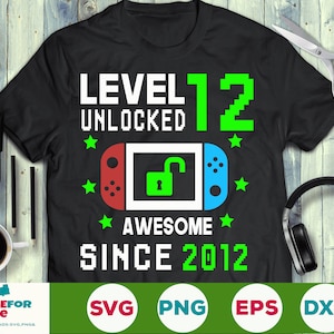 Nível 12 desbloqueado SVG 12º aniversário menino jogador 12 anos computador videogame controlador joystick para criança png eps svg cricut silhueta