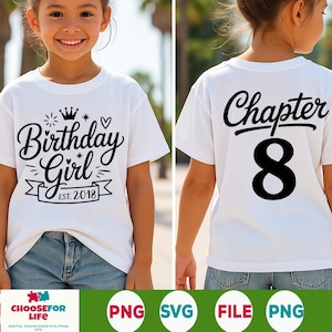 8th Birthday Girl SVG PNG Chapter 8 Shirt Design Est. 2018, Eight Years Old Cut File, Sublimation Cricut Printable for Birthday Celebration