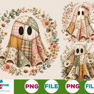Patchwork Floral Ghost PNG, Checkered Boho Fall Shirt Design, Retro Preppy Halloween Sublimation Digital Download for Boutique Tees