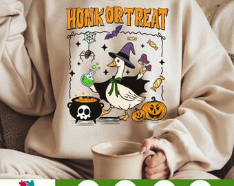 Honk or Treat Goose PNG – schattige Witchy Halloween Goose clipart, retro spooky herfst shirt sublimatie ontwerp, grappige digitale download