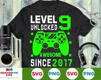 Nivel 9 desbloqueado svg 9no cumpleaños niño jugador 9 años controlador de videojuego joystick para niño png eps svg Cricut silueta