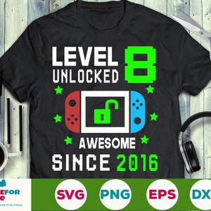 Level 8 entsperrt SVG 8. Geburtstag Junge Gamer 8 Jahre alt Computer Videospiel Controller Joypad für Kind Png eps svg Cricut Silhouette