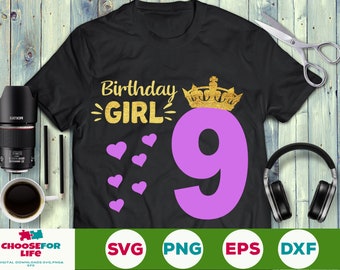 May include: Black t-shirt with the text "Birthday Girl" in gold glitter and a purple number 9 with a gold glitter crown. There are small purple hearts around the number.
