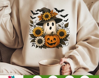 Süßer Geist mit Hexenhut PNG - Halloween Sublimationsdesign, Kürbis Clipart, lustige Geist Grafik, digitaler Download für Shirts und Tassen