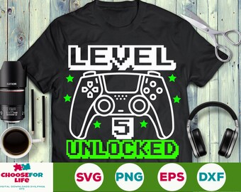 Level 5 Unlocked svg Birthday Boy Gamer svg 5e verjaardag Video Game 5 jaar oud kind Joystick Cricut Silhouet svg png