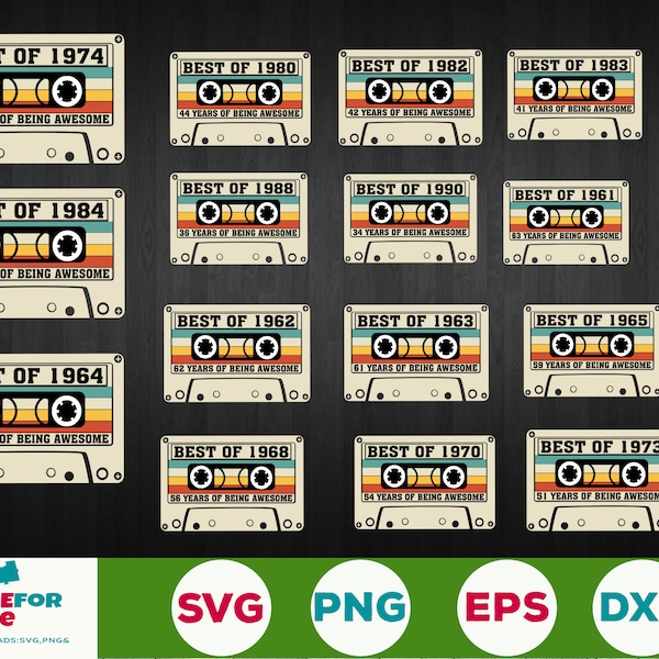 Birthday Vintage Svg, Vintage 1960-1990 birthday svg, Cassette Tape Bundle, Best Of 1974, 1984,1964,1954 years of awesome png prints file