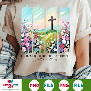 Er ist auferstanden PNG, Boho Wildblumen Ostern Sublimationsdesign, Ästhetischer Pinselstrich Frühling Jesus PNG, Christliche DTF Transfer Grafik