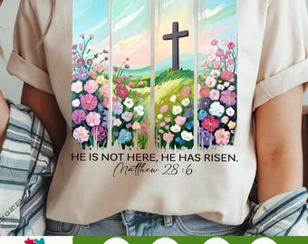 Ha resucitado PNG, diseño de sublimación de Pascua con flores silvestres bohemias, pincelada estética primaveral de Jesús PNG, gráfico de transferencia DTF cristiano