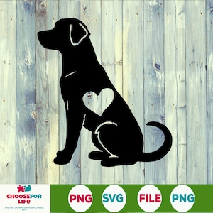 May include: Black silhouette of a dog sitting with a heart on its chest. The dog is facing the left side of the image. The background is a wood grain pattern.