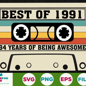 34th Birthday svg Best Of 1991 Kassette Tape 34 jahre alt geburtstag Geboren 1991 svg png Cricut, Silhouette, Cut File Digitaler download