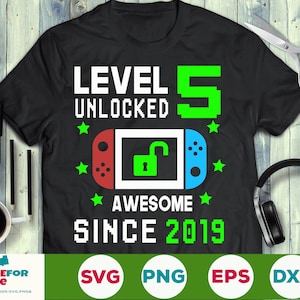 Niveau 5 Débloqué SVG 5e anniversaire Garçon Gamer 5 ans Ordinateur Contrôleur de jeu vidéo Joystick pour enfant Png eps svg Cricut Silhouette