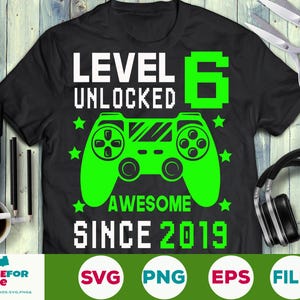 Niveau 6 ontgrendeld svg 6e verjaardag jongen gamer 6 jaar oude videogamecontroller joystick voor kind Png eps svg Cricut silhouet