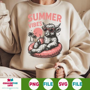 Summer Vibes PNG – Retro Highland Cow Beach Graphic, Funny Sublimation PNG for Summer Shirt Design, Cute Boho Farm Animal Print Download