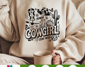 Collage de cow-girl western rétro PNG - conception de sublimation Howdy, clipart cow-girl à la mode séjour sauvage, téléchargement graphique occidental numérique pour les chemises