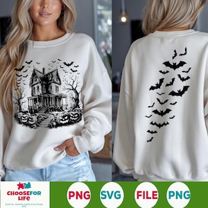 Vintage Halloween Scene PNG – Retro Pumpkin and Bat Clipart, Spooky Season Digital Download, Classic Halloween Art for Shirts & Crafts