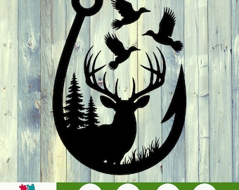 Hunting and Fishing SVG PNG - Duck Deer Hook Vector Clip Art for Cricut Silhouette, Outdoorsman Vinyl Design for Shirt Decals or Gifts