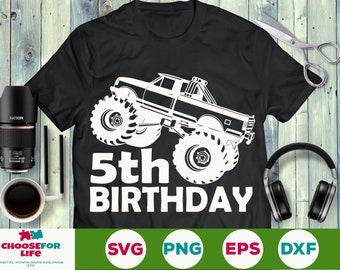 Femte födelsedag svg, 5-årsdag svg, monstertruck svg 5-årsdagspojke svg DXF, Cricut, silhuett klippfil png