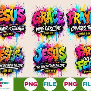 May include: A collection of six colorful graffiti-style digital designs featuring religious text including Jesus, Grace, Prayer, and Faith Over Fear. Each graphic incorporates vibrant paint splatters, drips, and bold lettering on a light background.