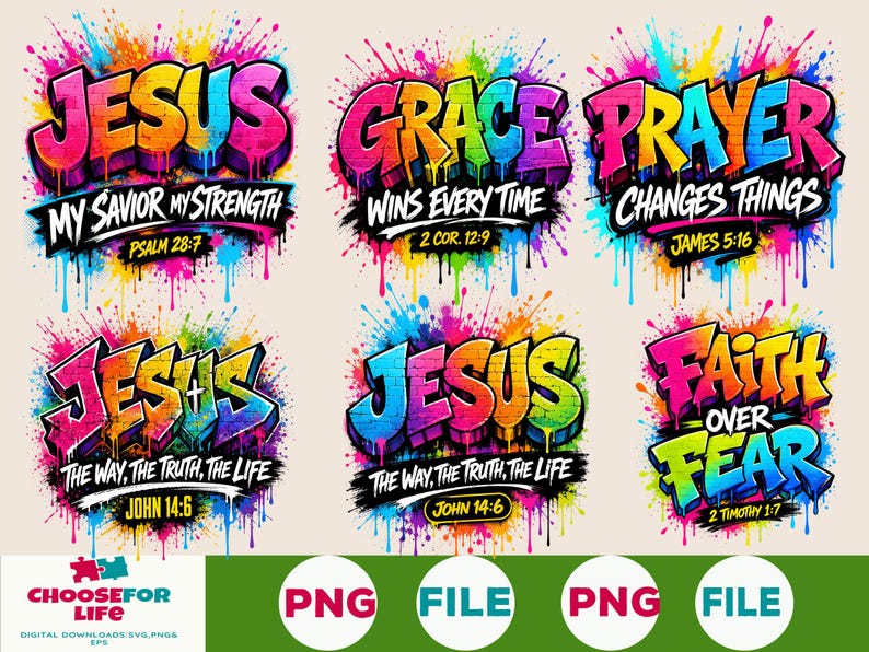 May include: A collection of six colorful graffiti-style digital designs featuring religious text including Jesus, Grace, Prayer, and Faith Over Fear. Each graphic incorporates vibrant paint splatters, drips, and bold lettering on a light background.