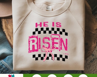 Christian Easter Coquette PNG, He is Risen PNG, Retro Easter Design, Matthew 28:6 Bible Verse, Pink Easter Cross PNG, Easter Jesus png