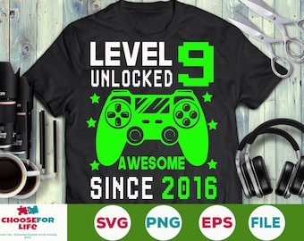 Level 9 Unlocked svg 9th birthday Boy Gamer 9 years Old Video Game Controller Joystick for kid Png eps svg Cricut Silhouette