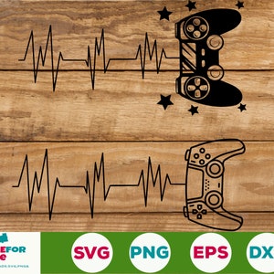 Puede incluir: Ilustración en blanco y negro de un mando de videojuego con una línea de latido del corazón que se extiende desde él. El mando está sobre un fondo de madera.